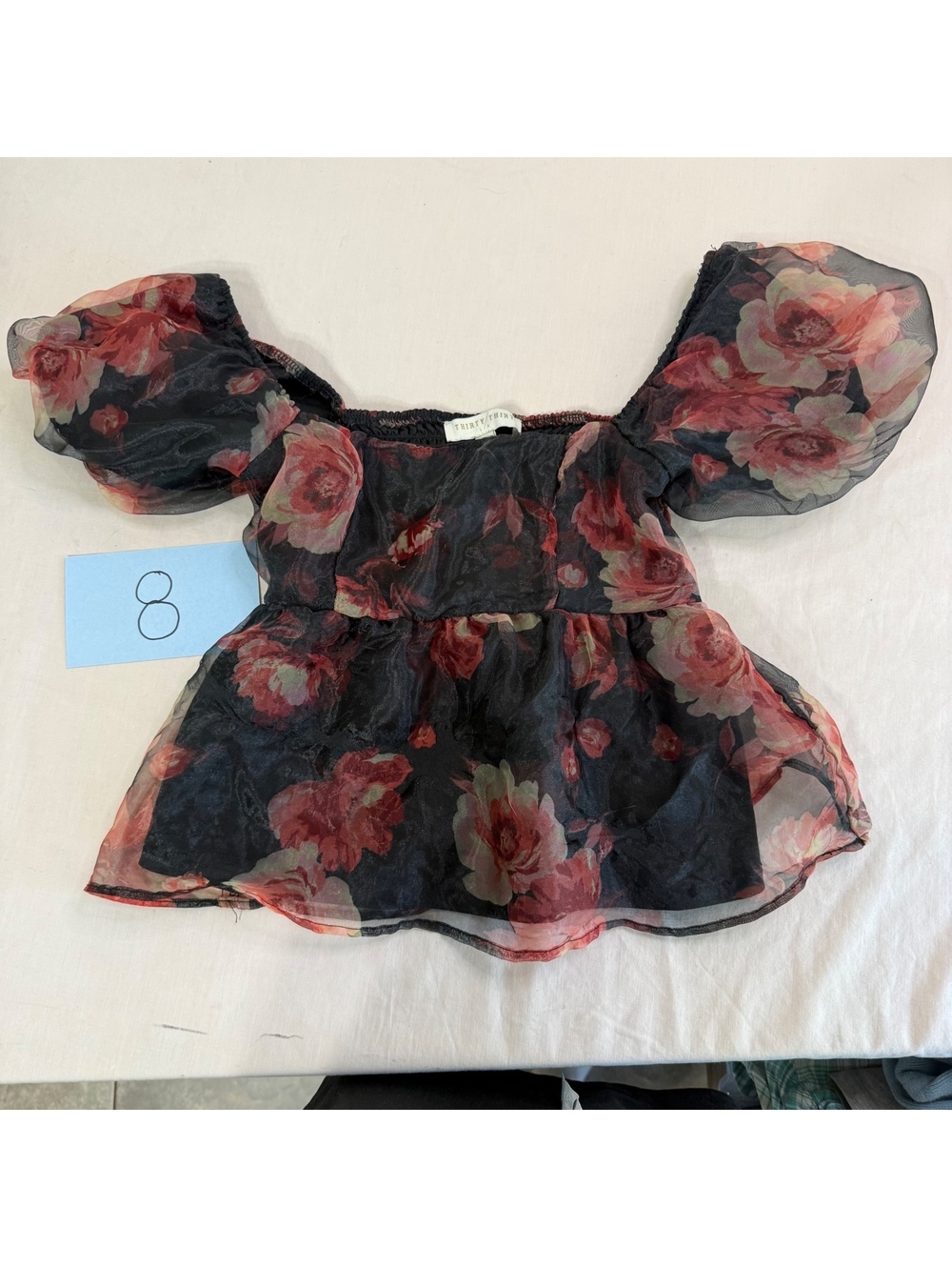 Thirty Thirty Black Floral Puff Sleeve Cropped Top Size Small